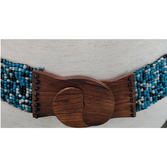 Vintage Womens Beaded Fashion Belt Turquoise Black Wood Buckle Elastic‎ Boho main image 3